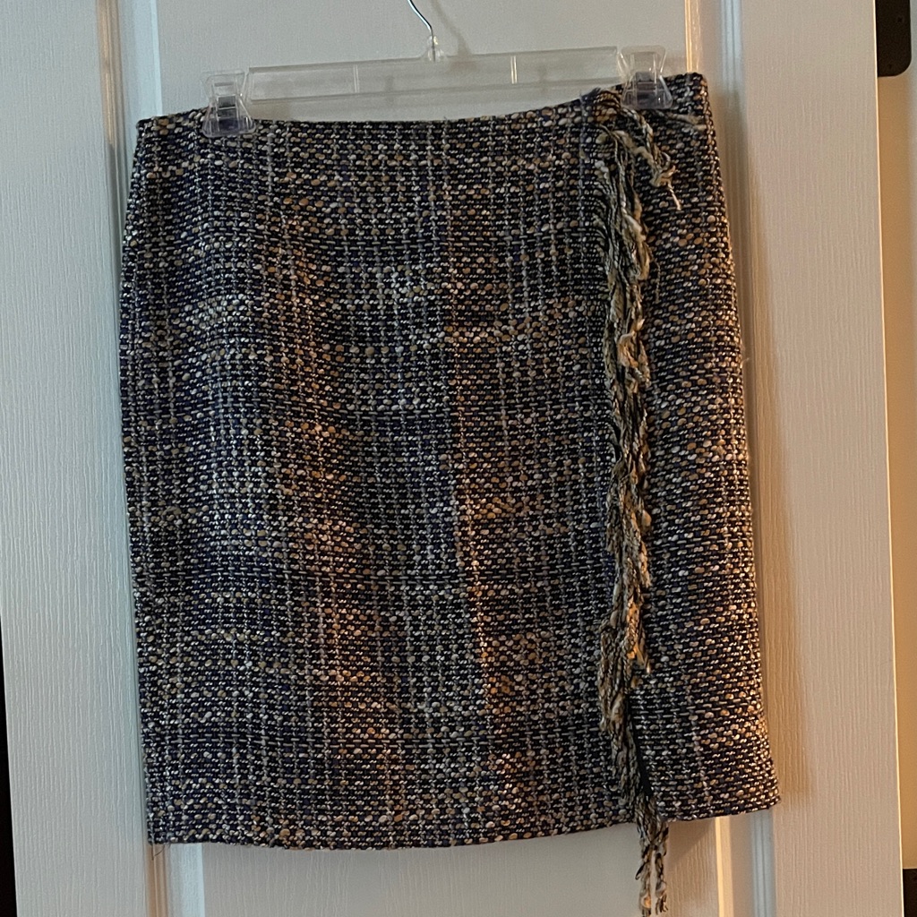 Halogen Navy And Cream Tweed Pencil Skirt With Braided Side Detail